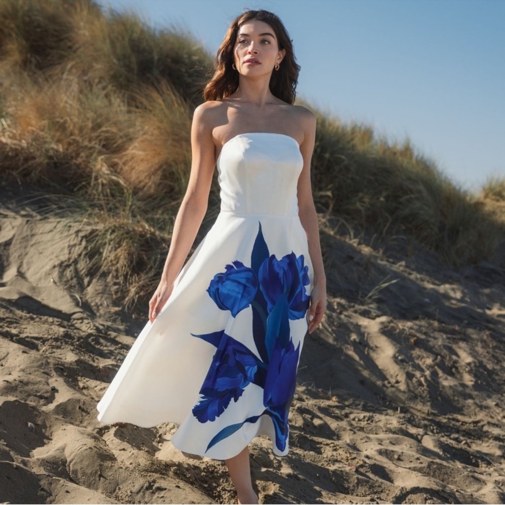 Mac Duggal White and Blue Floral Midi Dress